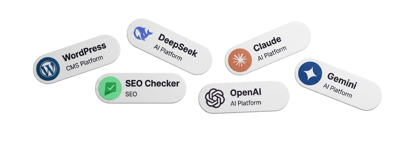 Integration badges for WordPress, DeepSeek, Claude, SEO checker, Gemini, and OpenAI